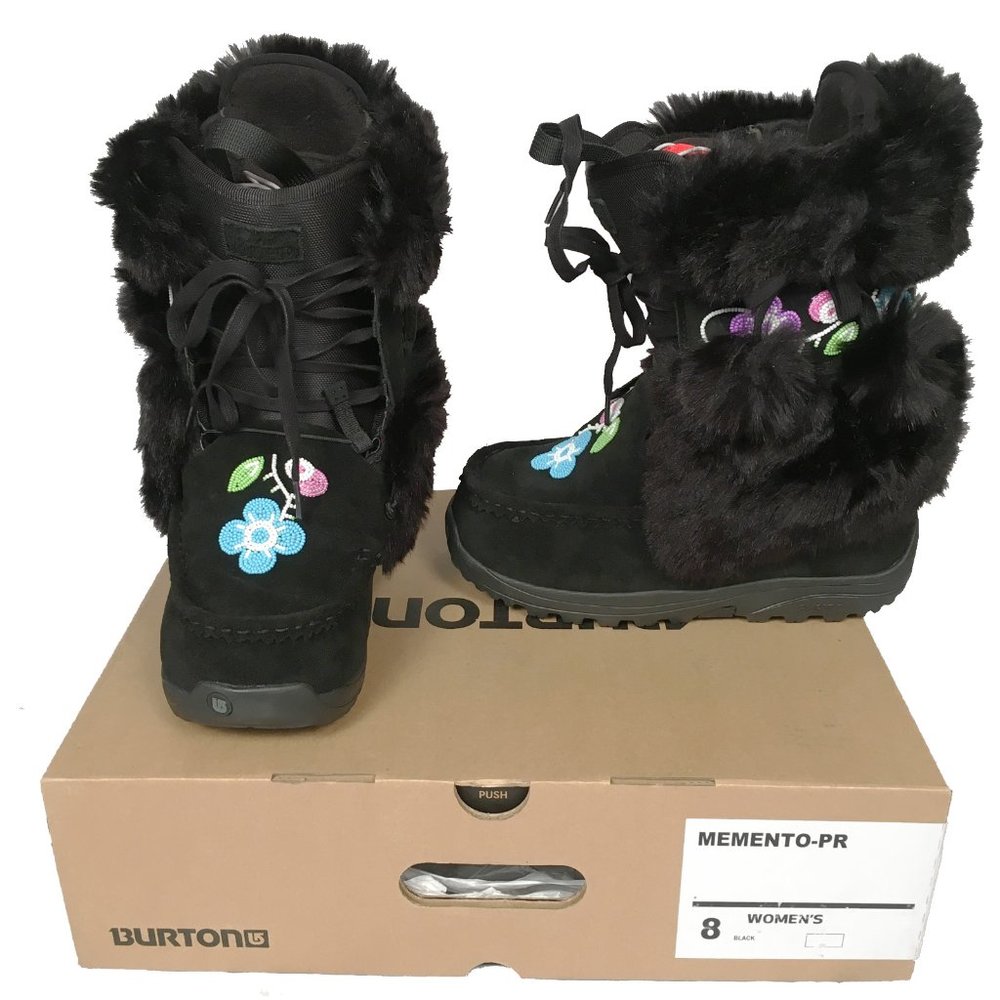 Burton Black Fur-Trim Lace-Up Winter Boots with Floral Accents